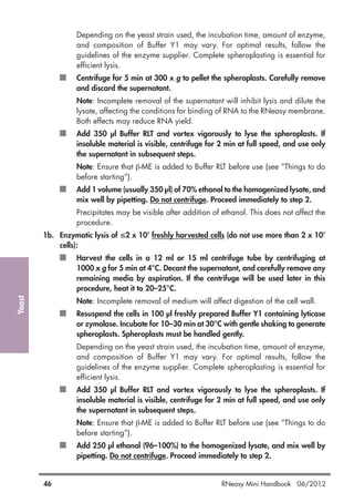 Yeast
46 RNeasy Mini Handbook 06/2012
Depending on the yeast strain used, the incubation time, amount of enzyme,
and composition of Buffer Y1 may vary. For optimal results, follow the
guidelines of the enzyme supplier. Complete spheroplasting is essential for
efficient lysis.
Centrifuge for 5 min at 300 x g to pellet the spheroplasts. Carefully remove
and discard the supernatant.
Note: Incomplete removal of the supernatant will inhibit lysis and dilute the
lysate, affecting the conditions for binding of RNA to the RNeasy membrane.
Both effects may reduce RNA yield.
Add 350 µl Buffer RLT and vortex vigorously to lyse the spheroplasts. If
insoluble material is visible, centrifuge for 2 min at full speed, and use only
the supernatant in subsequent steps.
Note: Ensure that β-ME is added to Buffer RLT before use (see “Things to do
before starting”).
Add 1 volume (usually 350 µl) of 70% ethanol to the homogenized lysate, and
mix well by pipetting. Do not centrifuge. Proceed immediately to step 2.
Precipitates may be visible after addition of ethanol. This does not affect the
procedure.
1b. Enzymatic lysis of ≤2 x 107
freshly harvested cells (do not use more than 2 x 107
cells):
Harvest the cells in a 12 ml or 15 ml centrifuge tube by centrifuging at
1000 x g for 5 min at 4°C. Decant the supernatant, and carefully remove any
remaining media by aspiration. If the centrifuge will be used later in this
procedure, heat it to 20–25°C.
Note: Incomplete removal of medium will affect digestion of the cell wall.
Resuspend the cells in 100 µl freshly prepared Buffer Y1 containing lyticase
or zymolase. Incubate for 10–30 min at 30°C with gentle shaking to generate
spheroplasts. Spheroplasts must be handled gently.
Depending on the yeast strain used, the incubation time, amount of enzyme,
and composition of Buffer Y1 may vary. For optimal results, follow the
guidelines of the enzyme supplier. Complete spheroplasting is essential for
efficient lysis.
Add 350 µl Buffer RLT and vortex vigorously to lyse the spheroplasts. If
insoluble material is visible, centrifuge for 2 min at full speed, and use only
the supernatant in subsequent steps.
Note: Ensure that β-ME is added to Buffer RLT before use (see “Things to do
before starting”).
Add 250 µl ethanol (96–100%) to the homogenized lysate, and mix well by
pipetting. Do not centrifuge. Proceed immediately to step 2.
 