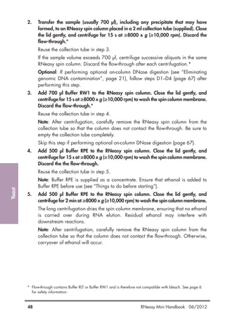 Yeast
48 RNeasy Mini Handbook 06/2012
2. Transfer the sample (usually 700 µl), including any precipitate that may have
formed, to an RNeasy spin column placed in a 2 ml collection tube (supplied). Close
the lid gently, and centrifuge for 15 s at ≥8000 x g (≥10,000 rpm). Discard the
flow-through.*
Reuse the collection tube in step 3.
If the sample volume exceeds 700 µl, centrifuge successive aliquots in the same
RNeasy spin column. Discard the flow-through after each centrifugation.*
Optional: If performing optional on-column DNase digestion (see “Eliminating
genomic DNA contamination”, page 21), follow steps D1–D4 (page 67) after
performing this step.
3. Add 700 µl Buffer RW1 to the RNeasy spin column. Close the lid gently, and
centrifuge for 15 s at ≥8000 x g (≥10,000 rpm) to wash the spin column membrane.
Discard the flow-through.*
Reuse the collection tube in step 4.
Note: After centrifugation, carefully remove the RNeasy spin column from the
collection tube so that the column does not contact the flow-through. Be sure to
empty the collection tube completely.
Skip this step if performing optional on-column DNase digestion (page 67).
4. Add 500 µl Buffer RPE to the RNeasy spin column. Close the lid gently, and
centrifuge for 15 s at ≥8000 x g (≥10,000 rpm) to wash the spin column membrane.
Discard the the flow-through.
Reuse the collection tube in step 5.
Note: Buffer RPE is supplied as a concentrate. Ensure that ethanol is added to
Buffer RPE before use (see “Things to do before starting”).
5. Add 500 µl Buffer RPE to the RNeasy spin column. Close the lid gently, and
centrifuge for 2 min at ≥8000 x g (≥10,000 rpm) to wash the spin column membrane.
The long centrifugation dries the spin column membrane, ensuring that no ethanol
is carried over during RNA elution. Residual ethanol may interfere with
downstream reactions.
Note: After centrifugation, carefully remove the RNeasy spin column from the
collection tube so that the column does not contact the flow-through. Otherwise,
carryover of ethanol will occur.
* Flow-through contains Buffer RLT or Buffer RW1 and is therefore not compatible with bleach. See page 6
for safety information.
 