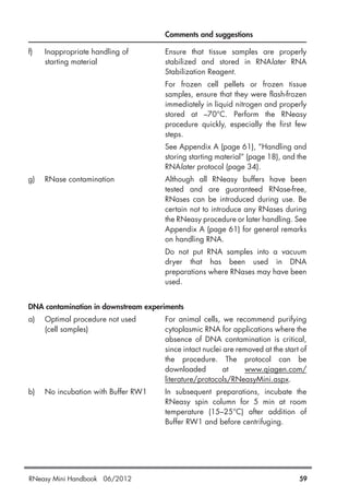 Comments and suggestions
f) Inappropriate handling of Ensure that tissue samples are properly
starting material stabilized and stored in RNAlater RNA
Stabilization Reagent.
For frozen cell pellets or frozen tissue
samples, ensure that they were flash-frozen
immediately in liquid nitrogen and properly
stored at –70°C. Perform the RNeasy
procedure quickly, especially the first few
steps.
See Appendix A (page 61), “Handling and
storing starting material” (page 18), and the
RNAlater protocol (page 34).
g) RNase contamination Although all RNeasy buffers have been
tested and are guaranteed RNase-free,
RNases can be introduced during use. Be
certain not to introduce any RNases during
the RNeasy procedure or later handling. See
Appendix A (page 61) for general remarks
on handling RNA.
Do not put RNA samples into a vacuum
dryer that has been used in DNA
preparations where RNases may have been
used.
DNA contamination in downstream experiments
a) Optimal procedure not used For animal cells, we recommend purifying
(cell samples) cytoplasmic RNA for applications where the
absence of DNA contamination is critical,
since intact nuclei are removed at the start of
the procedure. The protocol can be
downloaded at www.qiagen.com/
literature/protocols/RNeasyMini.aspx.
b) No incubation with Buffer RW1 In subsequent preparations, incubate the
RNeasy spin column for 5 min at room
temperature (15–25°C) after addition of
Buffer RW1 and before centrifuging.
RNeasy Mini Handbook 06/2012 59
 