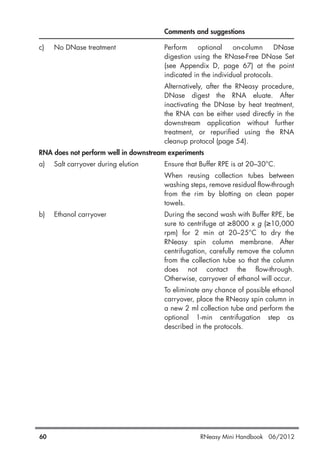 Comments and suggestions
c) No DNase treatment Perform optional on-column DNase
digestion using the RNase-Free DNase Set
(see Appendix D, page 67) at the point
indicated in the individual protocols.
Alternatively, after the RNeasy procedure,
DNase digest the RNA eluate. After
inactivating the DNase by heat treatment,
the RNA can be either used directly in the
downstream application without further
treatment, or repurified using the RNA
cleanup protocol (page 54).
RNA does not perform well in downstream experiments
a) Salt carryover during elution Ensure that Buffer RPE is at 20–30°C.
When reusing collection tubes between
washing steps, remove residual flow-through
from the rim by blotting on clean paper
towels.
b) Ethanol carryover During the second wash with Buffer RPE, be
sure to centrifuge at ≥8000 x g (≥10,000
rpm) for 2 min at 20–25°C to dry the
RNeasy spin column membrane. After
centrifugation, carefully remove the column
from the collection tube so that the column
does not contact the flow-through.
Otherwise, carryover of ethanol will occur.
To eliminate any chance of possible ethanol
carryover, place the RNeasy spin column in
a new 2 ml collection tube and perform the
optional 1-min centrifugation step as
described in the protocols.
60 RNeasy Mini Handbook 06/2012
 