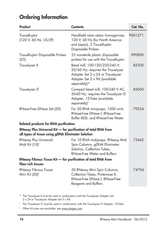 Ordering Information
Product Contents Cat. No.
TissueRuptor Handheld rotor–stator homogenizer, 9001271
(120 V, 60 Hz, US/JP) 120 V, 60 Hz (for North America
and Japan), 5 TissueRuptor
Disposable Probes
TissueRuptor Disposable Probes 25 nonsterile plastic disposable 990890
(25) probes for use with the TissueRuptor
TissueLyser II Bead mill, 100-120/220-240 V, 85300
50/60 Hz; requires the TissueLyser
Adapter Set 2 x 24 or TissueLyser
Adapter Set 2 x 96 (available
separately)*
TissueLyser LT Compact bead mill, 100-240 V AC, 85600
50-60 Hz; requires the TissueLyser LT
Adapter, 12-Tube (available
separately)†
RNase-Free DNase Set (50) For 50 RNA minipreps: 1500 units 79254
RNase-Free DNase I, RNase-Free
Buffer RDD, and RNase-Free Water
Related products for RNA purification
RNeasy Plus Universal Kit — for purification of total RNA from
all types of tissue using gDNA Eliminator Solution
RNeasy Plus Universal For 10 RNA midipreps: RNeasy Midi 73442
Midi Kit (10)‡
Spin Columns, gDNA Eliminator
Solution, Collection Tubes,
RNase-Free Water and Buffers
RNeasy Fibrous Tissue Kit — for purification of total RNA from
fiber-rich tissues
RNeasy Fibrous Tissue 50 RNeasy Mini Spin Columns, 74704
Mini Kit (50)‡
Collection Tubes, Proteinase K,
RNase-Free DNase I, RNase-Free
Reagents and Buffers
* The TissueLyser II must be used in combination with the TissueLyser Adapter Set
2 x 24 or TissueLyser Adapter Set 2 x 96.
†
The TissueLyser LT must be used in combination with the TissueLyser LT Adapter, 12-Tube.
‡
Other kit sizes are available; see www.qiagen.com.
74 RNeasy Mini Handbook 06/2012
 