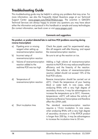 QuantiTect Reverse Transcription Handbook 03/200914
Troubleshooting Guide
This troubleshooting guide may be helpful in solving any problems that may arise. For
more information, see also the Frequently Asked Questions page at our Technical
Support Center: www.qiagen.com/FAQ/FAQList.aspx. The scientists in QIAGEN
Technical Services are always happy to answer any questions you may have about
either the information and protocol in this handbook or sample and assay technologies
(for contact information, see back cover or visit www.qiagen.com).
Comments and suggestions
No product, or product detected late in real-time PCR (problems occurring during
reverse transcription)
a) Pipetting error or missing Check the pipets used for experimental setup.
reagent when setting up Mix all reagents well after thawing, and repeat
reverse-transcription reaction the reverse-transcription reaction.
b) Incorrect setup of Be sure to set up the reaction on ice.
reverse-transcription reaction
c) Volume of reverse-transcription Adding a high volume of reverse-transcription
reaction added to the reaction to the PCR mix may reduce amplification
real-time PCR was too high efficiency and the linearity of the reaction.
Generally, the volume of reverse-transcription
reaction added should not exceed 10% of the
final PCR volume.
d) Temperature of Reverse transcription should be carried out at
reverse-transcription reaction 42°C. Check the temperature of your heating
block or water bath. In rare cases, when
analyzing RNAs with a very high degree of
secondary structure, it may be advantageous to
increase the temperature up to 50°C. However,
temperatures >42°C will reduce the activity of
Quantiscript Reverse Transcriptase and therefore
affect the cDNA yield.
e) Short incubation time The standard reverse-transcription reaction
requires a 15-min incubation. In rare cases,
when analyzing RNAs with a very high degree
of secondary structure or if the RT-PCR product
is longer than 200 bp, it may be advantageous
to increase the incubation time to 30 min.
1056039_HB 19.03.2009 14:01 Uhr Seite 14
 