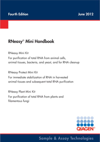 RNeasy®
Mini Handbook
RNeasy Mini Kit
For purification of total RNA from animal cells,
animal tissues, bacteria, and yeast, and for RNA cleanup
RNeasy Protect Mini Kit
For immediate stabilization of RNA in harvested
animal tissues and subsequent total RNA purification
RNeasy Plant Mini Kit
For purification of total RNA from plants and
filamentous fungi
Fourth Edition June 2012
Sample & Assay Technologies
 