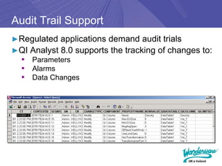 Audit Trail Support
►Regulated applications demand audit trials
►QI Analyst 8.0 supports the tracking of changes to:
 ▪ Parameters
 ▪ Alarms
 ▪ Data Changes
 