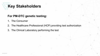 Key Stakeholders
For PM-DTC genetic testing:
1. The Consumer
2. The Healthcare Professional (HCP) providing test authoriza...