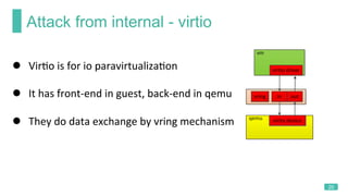 Attack from internal - virtio
20
l  VirKo	is	for	io	paravirtualizaKon		
l  It	has	front-end	in	guest,	back-end	in	qemu	
l ...