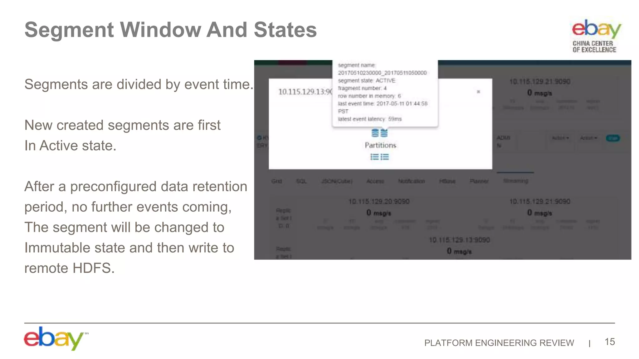 PLATFORM ENGINEERING REVIEW
Segments are divided by event time.
New created segments are first
In Active state.
After a preconfigured data retention
period, no further events coming,
The segment will be changed to
Immutable state and then write to
remote HDFS.
15
Segment Window And States
 