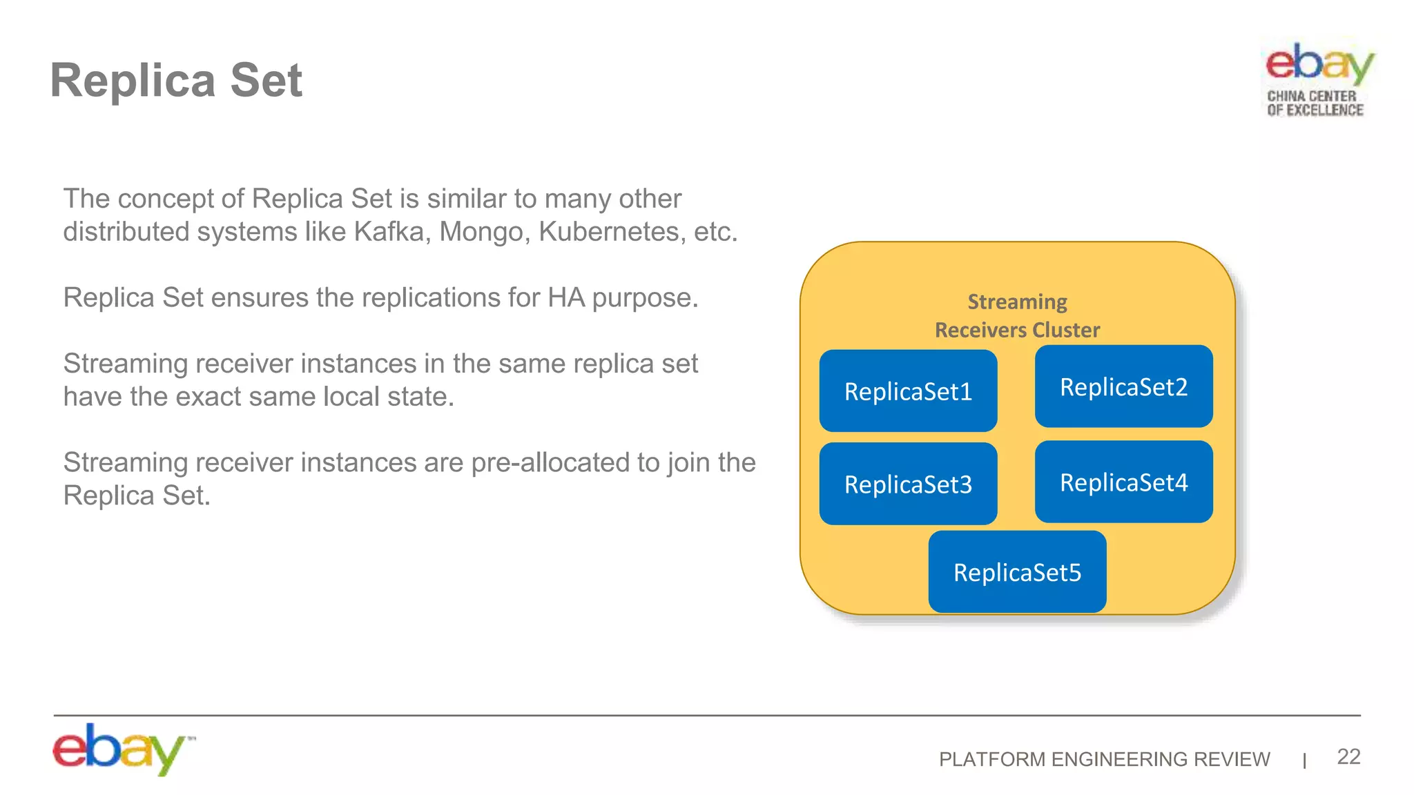 PLATFORM ENGINEERING REVIEW 22
Replica Set
The concept of Replica Set is similar to many other
distributed systems like Kafka, Mongo, Kubernetes, etc.
Replica Set ensures the replications for HA purpose.
Streaming receiver instances in the same replica set
have the exact same local state.
Streaming receiver instances are pre-allocated to join the
Replica Set.
Streaming
Receivers Cluster
ReplicaSet1 ReplicaSet2
ReplicaSet3 ReplicaSet4
ReplicaSet5
 