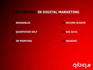 6 BIGTRENDS IN DIGITAL MARKETING
#1 WEARABLES

#4 SECOND SCREEN

#2 QUANTIFIED SELF

#5 BIG DATA

#3 3D PRINTING

#6 HACKING

 