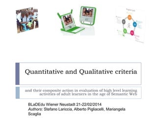 Quantitative and Qualitative criteria
and their composite action in evaluation of high level learning
activities of adult learners in the age of Semantic Web

BLaDEdu Wiener Neustadt 21-22/02/2014
Authors: Stefano Lariccia, Alberto Pigliacelli, Mariangela
Scaglia

 