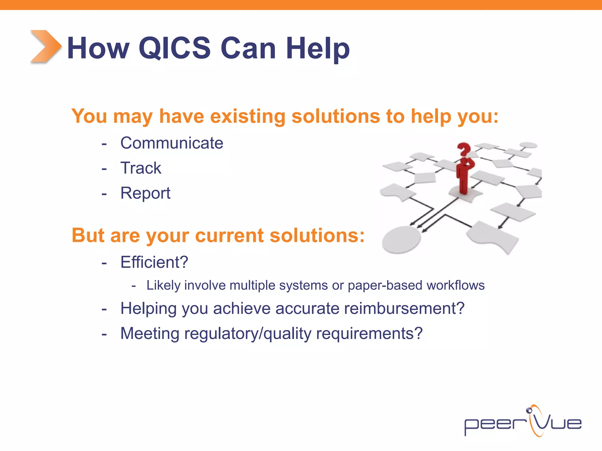 You may have existing solutions to help you: 
- 
Communicate 
- 
Track 
- 
Report 
But are your current solutions: 
-Efficient? 
-Likely involve multiple systems or paper-based workflows 
-Helping you achieve accurate reimbursement? 
-Meeting regulatory/quality requirements? 
How QICS Can Help  