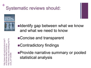 +
         Systematic reviews should:


                                       Identify
                                              gap between what we know
                                        and what we need to know
                                       Concise    and transparent
http://www.nap.edu/catalog.php?re
http://www.rwjf.org/pr/product.jsp?i
d=25351&c=EMC-CA142 or




                                       Contradictory   findings
                                       Provide   narrative summary or pooled
cord_id=120388




                                        statistical analysis
 