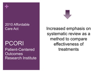 +

2010 Affordable
Care Act             Increased emphasis on
                     systematic review as a
                       method to compare
PCORI                    effectiveness of
Patient-Centered            treatments
Outcomes
Research Institute
 