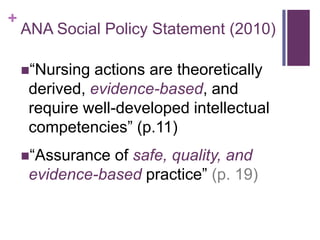 +
    ANA Social Policy Statement (2010)

    “Nursing  actions are theoretically
     derived, evidence-based, and
     require well-developed intellectual
     competencies” (p.11)
    “Assurance of safe, quality, and
     evidence-based practice” (p. 19)
 