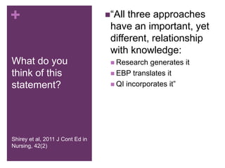 +                                 “All three approaches
                                   have an important, yet
                                   different, relationship
                                   with knowledge:
What do you                         Research  generates it
think of this                       EBP translates it

statement?                          QI incorporates it”




Shirey et al, 2011 J Cont Ed in
Nursing, 42(2)
 