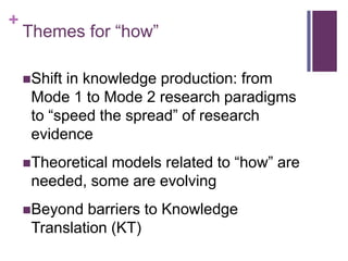 +
    Themes for “how”

    Shift in knowledge production: from
     Mode 1 to Mode 2 research paradigms
     to “speed the spread” of research
     evidence
    Theoretical
               models related to “how” are
     needed, some are evolving
    Beyond  barriers to Knowledge
     Translation (KT)
 