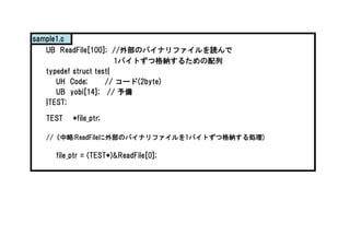 sample1.c
UB ReadFile[100]; //ⲿΥХʥեi
1ХȤĸ{뤿
typedef struct test{
UH Code; // `(2byte)
UB yobi[14]; // 
}TEST;
TEST *file_ptr;
//:ReadFileⲿΥХʥե1ХȤĸ{I)
file_ptr = (TEST*)&ReadFile[0];
 