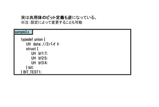 gϹΥӥåȶxˤʤäƤ롣
עOˤäƉ뤳Ȥ
sample3.c
typedef union {
UH data; //2Х
struct {
UH bf1:7;
UH bf2:5;
UH bf3:4;
} bit;
} BIT_TEST1;
 
