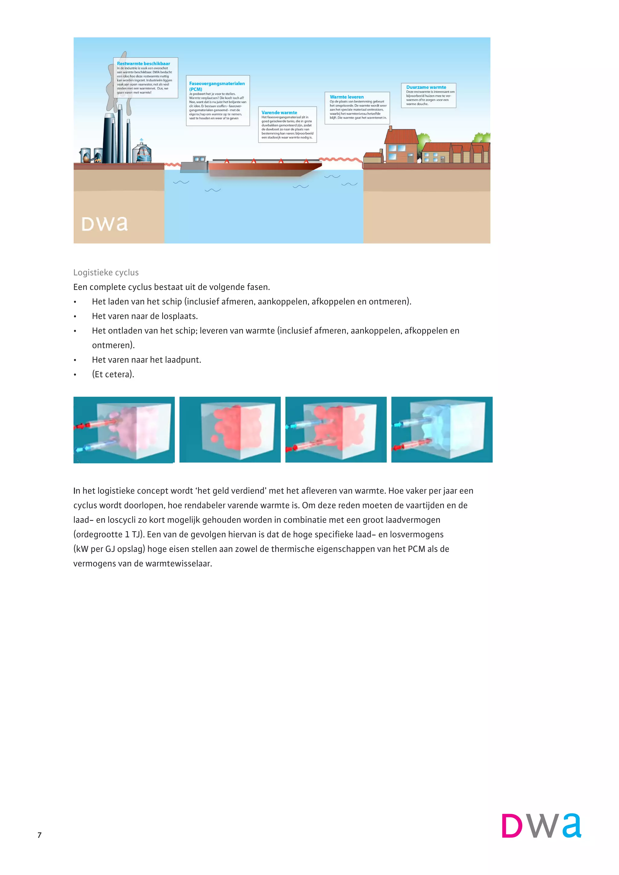 7
Logistieke cyclus
Een complete cyclus bestaat uit de volgende fasen.
•	 Het laden van het schip (inclusief afmeren, aankoppelen, afkoppelen en ontmeren).
•	 Het varen naar de losplaats.
•	 Het ontladen van het schip; leveren van warmte (inclusief afmeren, aankoppelen, afkoppelen en
ontmeren).
•	 Het varen naar het laadpunt.
•	 (Et cetera).
In het logistieke concept wordt ‘het geld verdiend’ met het afleveren van warmte. Hoe vaker per jaar een
cyclus wordt doorlopen, hoe rendabeler varende warmte is. Om deze reden moeten de vaartijden en de
laad- en loscycli zo kort mogelijk gehouden worden in combinatie met een groot laadvermogen
(ordegrootte 1 TJ). Een van de gevolgen hiervan is dat de hoge specifieke laad- en losvermogens
(kW per GJ opslag) hoge eisen stellen aan zowel de thermische eigenschappen van het PCM als de
vermogens van de warmtewisselaar.
 