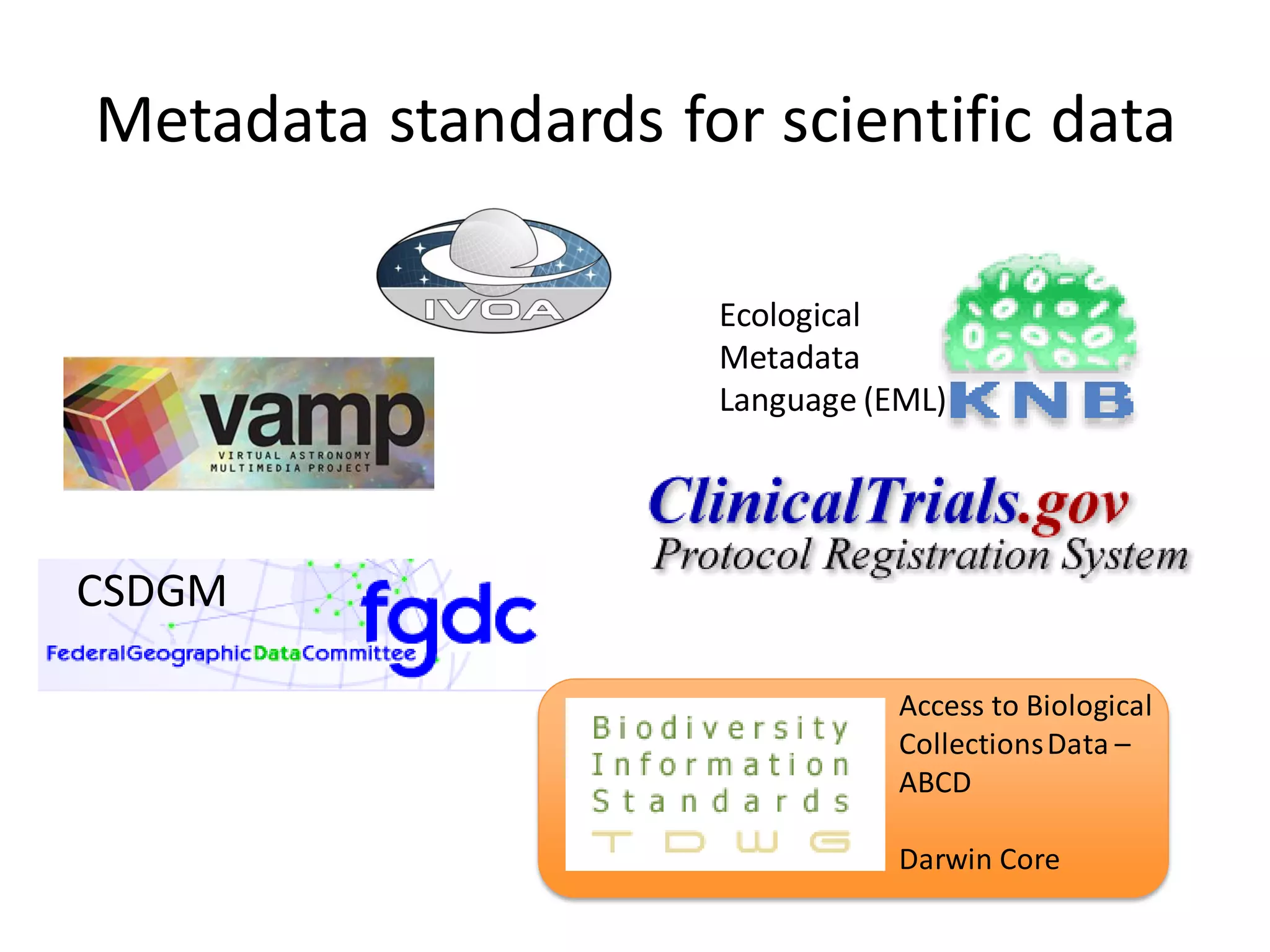 Metadata standards for scientific data

                     Ecological
                     Metadata
                     Language (EML)




CSDGM

                                Access to Biological
                                Collections Data –
                                ABCD

                                Darwin Core
 