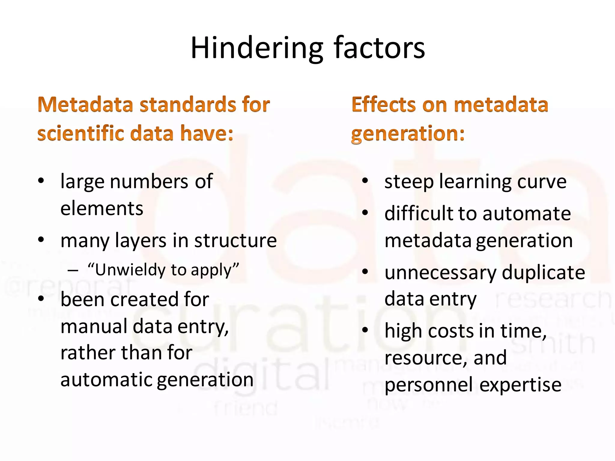 Hindering factors


• large numbers of           • steep learning curve
  elements                   • difficult to automate
• many layers in structure     metadata generation
   – “Unwieldy to apply”     • unnecessary duplicate
• been created for             data entry
  manual data entry,         • high costs in time,
  rather than for              resource, and
  automatic generation         personnel expertise
 