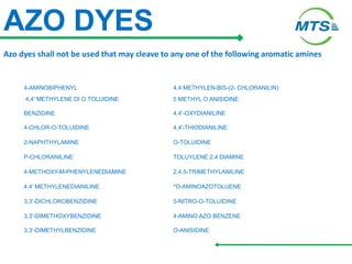 AZO DYES
Azo dyes shall not be used that may cleave to any one of the following aromatic amines
„
4-AMINOBIPHENYL 4,4 METHYLEN-BIS-(2- CHLORANILIN)
4,4' METHYLENE DI O TOLUIDINE 5 METHYL O ANISIDINE
„
BENZIDINE 4,4'-OXYDIANILINE
„
4-CHLOR-O-TOLUIDINE 4,4'-THIODIANILINE
„
2-NAPHTHYLAMINE O-TOLUIDINE
„
P-CHLORANILINE TOLUYLENE 2,4 DIAMINE
„
4-METHOXY-M-PHENYLENEDIAMINE 2,4,5-TRIMETHYLANILINE
„
4,4' METHYLENEDIANILINE *O-AMINOAZOTOLUENE
„
3,3'-DICHLOROBENZIDINE 5-NITRO-O-TOLUIDINE
„
3,3'-DIMETHOXYBENZIDINE 4-AMINO AZO BENZENE
„
3,3'-DIMETHYLBENZIDINE O-ANISIDINE
 