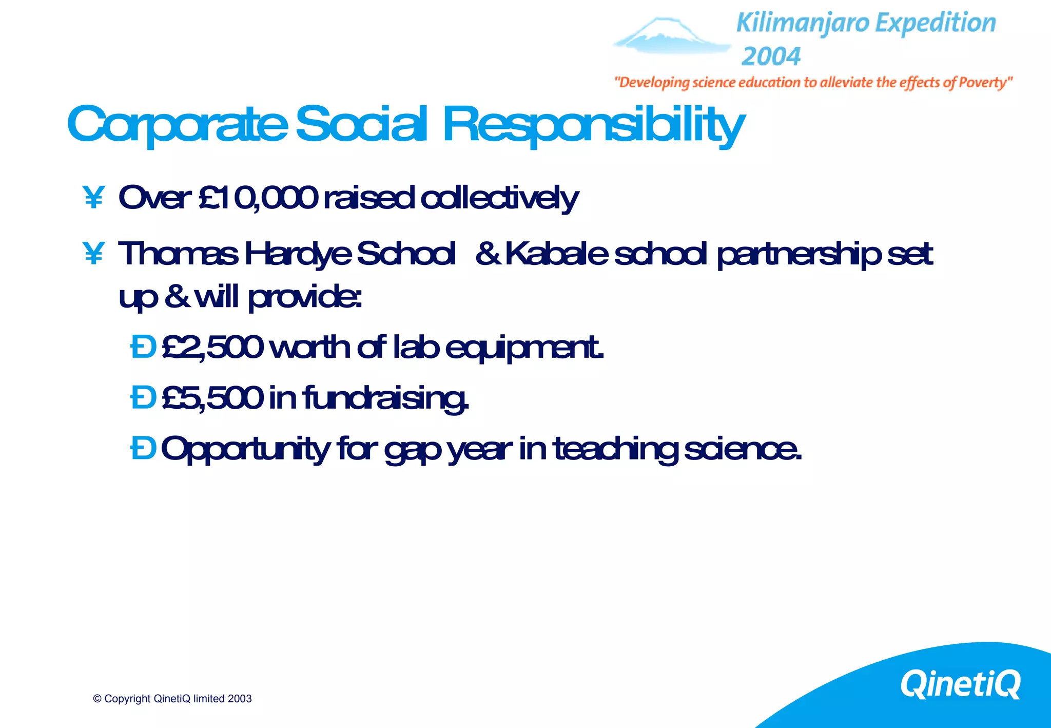 Corporate Social Responsibility Over £10,000 raised collectively Thomas Hardye School  & Kabale school partnership set up & will provide: £2,500 worth of lab equipment. £5,500 in fundraising. Opportunity for gap year in teaching science. 