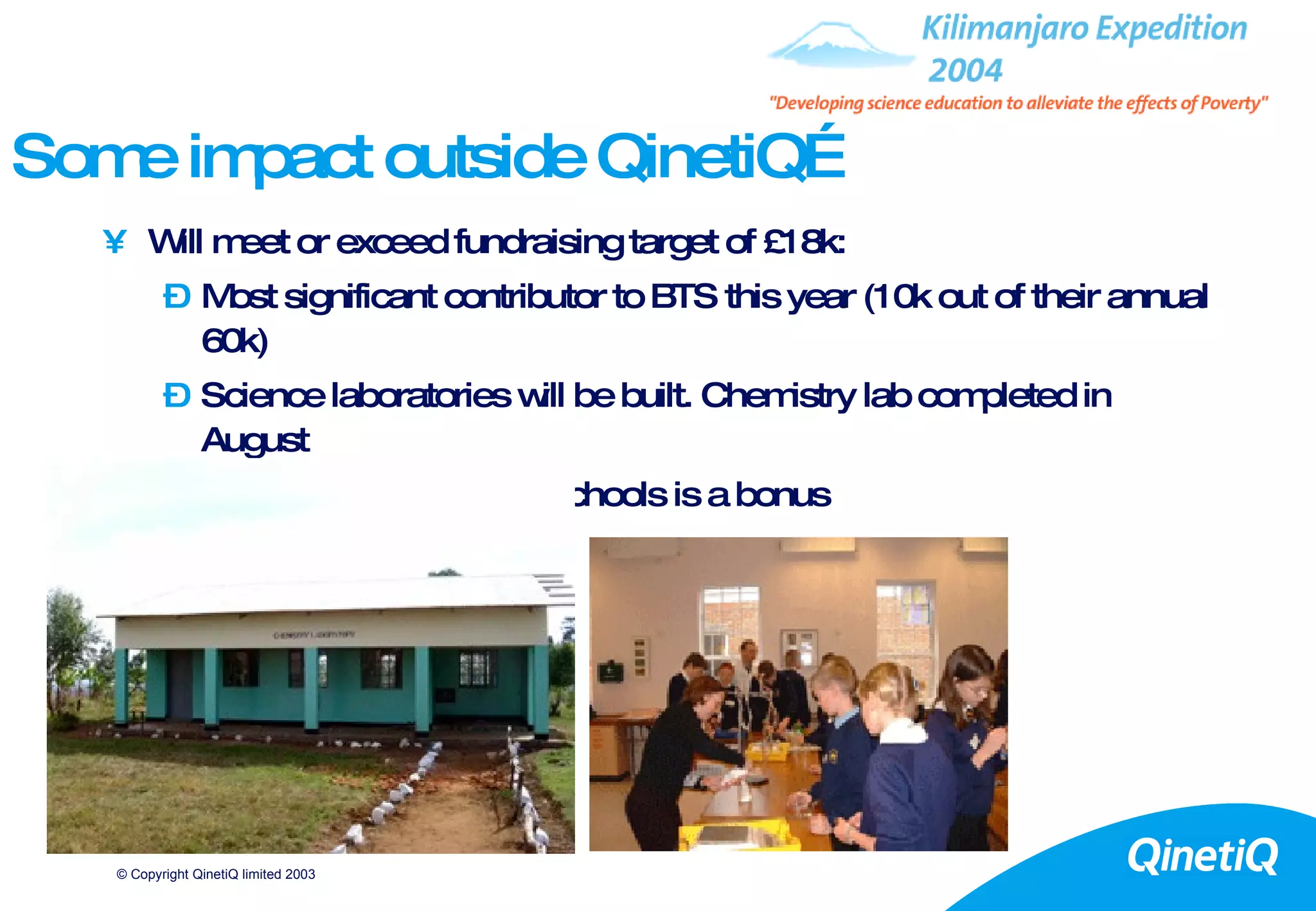 Some impact outside QinetiQ… Will meet or exceed fundraising target of £18k: Most significant contributor to BTS this year (10k out of their annual 60k) Science laboratories will be built. Chemistry lab completed in August Partnership between 2 schools is a bonus 