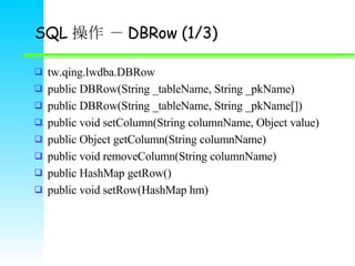 SQL   DBRow (1/3) tw.qing.lwdba.DBRow public DBRow(String _tableName, String _pkName) public DBRow(String _tableName, String _pkName[]) public void setColumn(String columnName, Object value) public Object getColumn(String columnName) public void removeColumn(String columnName) public HashMap getRow() public void setRow(HashMap hm) 