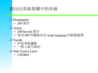 ֳϵyܘеĸ Presentation JSP  Action JSP/Servlet  ʹ JSP ăc script language ĄӑB Fa?ade b߉݋ һǷȱ Data Access Layer LWDBA 