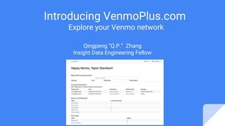 Introducing VenmoPlus.com
Explore your Venmo network
Qingpeng “Q.P.” Zhang
Insight Data Engineering Fellow
 