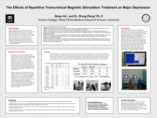 The Effects of Repetitive Transcranical Magnetic Stimulation Treatment on Major Depression
Qinpu He , and Dr. Zhong Zheng Ph. D
1
2
Centre College, West China Medical School of Sichuan University
1

Introduction
Many people suffer from major depression disorders
(MMD). Antidepressant treatment is ineffective for 30% of
MMD patients globally. While repetitive transcranical
magnetic stimulation (rTMS) has already be included into
the Practice Guideline For the Treatment of Patients With
Major Depressive Disorder (the Third Edition), the
therapeutic mechanisms of rTMS remains unclear. This
research compared a group of patients receiving both
antidepressant and rTMS treatment with another group
receiving just antidepressant treatment to study the effects
of treating MMD by rTMS.

Materials and methods
Participants: All patients of West China Medical
School that had relapse of MMD after stopping taking
antidepressant for 3 months. All patients have scored
no less than 17 in Hamilton Depression Scale
(HAMD). A total of 159 people were randomly
assigned into 2 groups. A group had 75 people (18
males and 62 females), B group had 84 people (25
males and 59females) and a comparison group C had
90 people (28 males and 62 females). There were no
significant difference among the demographic data of
the 3 groups and medicalization information of the 2
treatment groups.

2

The evoked potentials used to examine patients:
1. MMN: The machine will give a series of high frequency voices and a series of low frequency voices in unpredictable sequence. The test
does not require reactions. It tests how the brain process and classify stimulation information.
2. P50: This test adopts paired short voice stimulation model. The test does not require any reaction. Normally people will have lower
reactions to the second voice because our sensory gate can help us low down the possible disturbance. It is used to test the anti-interference
ability of sensory gating.
3. P300: This test adopts a series of high frequency and low frequency voices in unpredictable sequences. It requires the subject to press the
button every time they hear the high frequency voice. It is used to test patients’ abilities to complete assignment and their abilities of
controlling, processing and cognition.
4. CNV: This test will be composed of a series of low frequency and high frequency voices and light. The high frequency voices and the low
frequency voices are arranged in unpredictable frequency. The high frequency voice will be followed by light. The patient is required to press
the button every time he see the lights.

Conclusions
This research found that rTMS with antidepressant
treatment will result in a decrease in the HAMD scores and
the effective rate of rTMS with antidepressant treatment
after 2 and 10 weeks were significantly higher than that of
antidepressant treatment. This result suggests that
antidepressant combined with rTMS treatment are more
effective in treating MMD than just antidepressant
treatment. After 2 weeks’ of treatment, group A patients
had a reduction in their incubation period of MMN while
that of group B remains unchanged, which suggests that
rTMS can increase brain’s automatic processing speed and
auditory system’s automatic classification of novel
stimulations speed. The amplitude of S2-P50 and S2P50/S1-P50 decreased after rTMS treatment, which
suggests that rTMS with antidepressant can improve
patients’ ability to restrain unimportant information.

Results
Before the treatment, the HAMD scores of group A and group B does not differ significantly (P>0.05) ; After 10 weeks, the HAMD
scores of group A are lower than group B (P<0.001). Group A has an effective rate of 86.67% after 2 weeks and 72.00% after 10 weeks.
Group B has an effective rate of 7.14% after 2 weeks and 54.76% after 10 weeks. A groups have higher effective rates than B group.
After 10 weeks of treatment, A group has a reduction in incubation period of MMN (P<0.01) and the reduction of group A is bigger
than that of group B (P <0.001). But the incubation period of MMN of group A is still higher than that of group C after treatment.

Acknowledgemen

© File copyright Colin Purrington. You
may use for making your poster, of
course, but please do not plagiarize,
adapt, or put on your own site. Also, do
not upload this file, even if modified, to
third-party file-sharing sites such as
doctoc.com. If you have insatiable need
to post a template onto your own site,
search the internet for a different
template to steal. File downloaded from
http://colinpurrington.com/tips/academi
c/posterdesign.

Methods: 3 groups were given selective serotonin
reuptake inhibitor (SSRI). A group was given rTMS
treatment for 15 days. This research used Magnstim
Rapid2 instruments. Previous studies found MMD
patients have contrary asymmetry of motor cortex
excitability (MCE) compared to normal people. Their
left hemisphere has lower MCE while right
hemisphere has higher MCE. The rTMS of high
frequency greater than 5 HZ and lower frequency less
than 1 HZ can be used to stimulate left hemisphere
and right hemisphere to reduce depression and
anxiety, respectively.

Resources:

1. Cárdenas-Morales L, Nowak DA, Kammer T,et al. Mechanisms and applications of theta-burst rTMS on the human motor cortex. Brain Topogr,2010;22(4):294-306.
2. Isenberg K,Downs D, Pierce K, et al . Low frequency rTMS stimulation of the right frontal cortex is as effective as high frequency rTMS stimulation of the left frontal cortex for
antidepressant-free, treatment-resistant depressed patients. Ann Clin Psychiatry, 2005 ;17(3):153-159.
3. Garcia-Toro M, Salva J, Daumal J,et al. High (20-Hz) and low (1-Hz) frequency transcranial magnetic stimulation as adjuvant treatment in medication-resistant depression.
Psychiatry Res, 2006;146(1): 53–57.
4. Speer AM, Benson BE, Kimbrell TK, et al. Opposite effects of high and low frequency rTMS on mood in depressed patients: relationship to baseline cerebral activity on PET. J
Affect Disord ， 2009;115(3): 386–394.

Further information
Acknowledgements:

I would like to thank Professor Zhong
Zheng for guiding me through the whole
treatment preocess. I would like to
thank Professor Weston and Professor
Cusato for helping me check this poster.

While rTMS with antidepressant treatment can greatly
reduce patients’ HAMD scores, patients with rTMS
treatment still have MMN incubation period longer than
the comparison group. Future researches need to study how
can we apply rTMS and other treatments to more
effectively treat MMD patients that after treatment patients
will completely return to normal people.

 