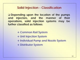 14
Solid Injection - Classification
Depending upon the location of the pumps
and injectors, and the manner of their
operations, solid injection systems may be
further classified as follows:
Common Rail System
Unit Injection System
Individual Pump and Nozzle System
Distributor System
 