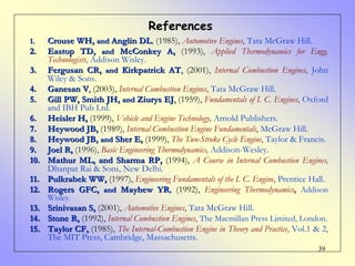 39
1.1. Crouse WH,Crouse WH, andand Anglin DLAnglin DL, (1985), Automotive Engines, Tata McGraw Hill.
2.2. Eastop TD,Eastop TD, andand McConkey A,McConkey A, (1993), Applied Thermodynamics for Engg.
Technologists, Addison Wisley.
3.3. Fergusan CR,Fergusan CR, andand Kirkpatrick ATKirkpatrick AT,, (2001), Internal Combustion Engines, John
Wiley & Sons.
4.4. Ganesan VGanesan V,, (2003), Internal Combustion Engines, Tata McGraw Hill.
5.5. Gill PW, Smith JH,Gill PW, Smith JH, andand Ziurys EJZiurys EJ,, (1959), Fundamentals of I. C. Engines, Oxford
and IBH Pub Ltd.
6.6. Heisler H,Heisler H, (1999), Vehicle and Engine Technology, Arnold Publishers.
7.7. Heywood JB,Heywood JB, (1989), Internal Combustion Engine Fundamentals, McGraw Hill.
8.8. Heywood JB,Heywood JB, andand Sher E,Sher E, (1999), The Two-Stroke Cycle Engine, Taylor & Francis.
9.9. Joel R,Joel R, (1996),(1996), Basic Engineering Thermodynamics, Addison-Wesley.
10.10. Mathur ML, and Sharma RP,Mathur ML, and Sharma RP, (1994), A Course in Internal Combustion Engines,
Dhanpat Rai & Sons, New Delhi.
11.11. Pulkrabek WW,Pulkrabek WW, (1997), Engineering Fundamentals of the I. C. Engine, Prentice Hall.
12.12. Rogers GFC,Rogers GFC, andand Mayhew YRMayhew YR, (1992), Engineering Thermodynamics, Addison
Wisley.
13.13. Srinivasan S,Srinivasan S, (2001), Automotive Engines, Tata McGraw Hill.
14.14. Stone R,Stone R, (1992), Internal Combustion Engines, The Macmillan Press Limited, London.
15.15. Taylor CF,Taylor CF, (1985), The Internal-Combustion Engine in Theory and Practice, Vol.1 & 2,
The MIT Press, Cambridge, Massachusetts.
References
 