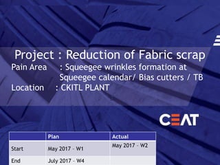 Project : Reduction of Fabric scrap
Pain Area : Squeegee wrinkles formation at
Squeegee calendar/ Bias cutters / TB
Location : CKITL PLANT
Plan Actual
Start May 2017 – W1
May 2017 – W2
End July 2017 – W4
 