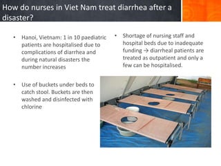 How do nurses in Viet Nam treat diarrhea after a
disaster?

   • Hanoi, Vietnam: 1 in 10 paediatric   • Shortage of nursing staff and
     patients are hospitalised due to       hospital beds due to inadequate
     complications of diarrhea and          funding → diarrheal patients are
     during natural disasters the           treated as outpatient and only a
     number increases                       few can be hospitalised.


   • Use of buckets under beds to
     catch stool. Buckets are then
     washed and disinfected with
     chlorine
 