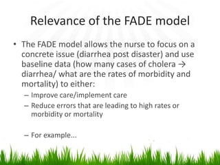 Relevance of the FADE model
• The FADE model allows the nurse to focus on a
  concrete issue (diarrhea post disaster) and use
  baseline data (how many cases of cholera →
  diarrhea/ what are the rates of morbidity and
  mortality) to either:
  – Improve care/implement care
  – Reduce errors that are leading to high rates or
    morbidity or mortality

  – For example...
 