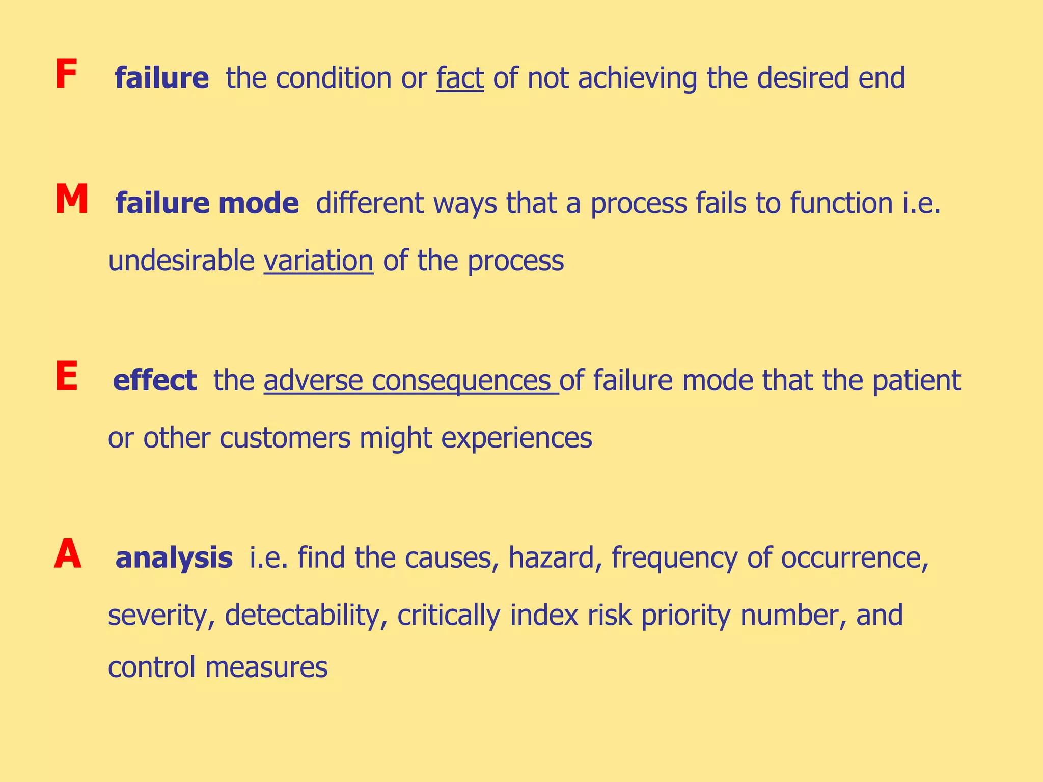 F failure the condition or fact of not achieving the desired end
M failure mode different ways that a process fails to function i.e.
undesirable variation of the process
E effect the adverse consequences of failure mode that the patient
or other customers might experiences
A analysis i.e. find the causes, hazard, frequency of occurrence,
severity, detectability, critically index risk priority number, and
control measures
 