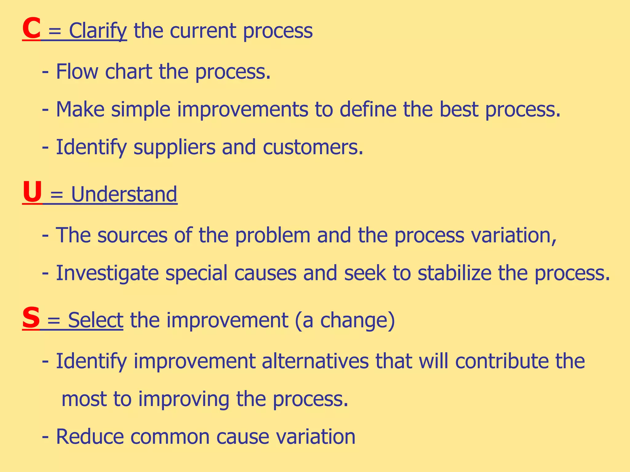 C = Clarify the current process
- Flow chart the process.
- Make simple improvements to define the best process.
- Identify suppliers and customers.
U = Understand
- The sources of the problem and the process variation,
- Investigate special causes and seek to stabilize the process.
S = Select the improvement (a change)
- Identify improvement alternatives that will contribute the
most to improving the process.
- Reduce common cause variation
 