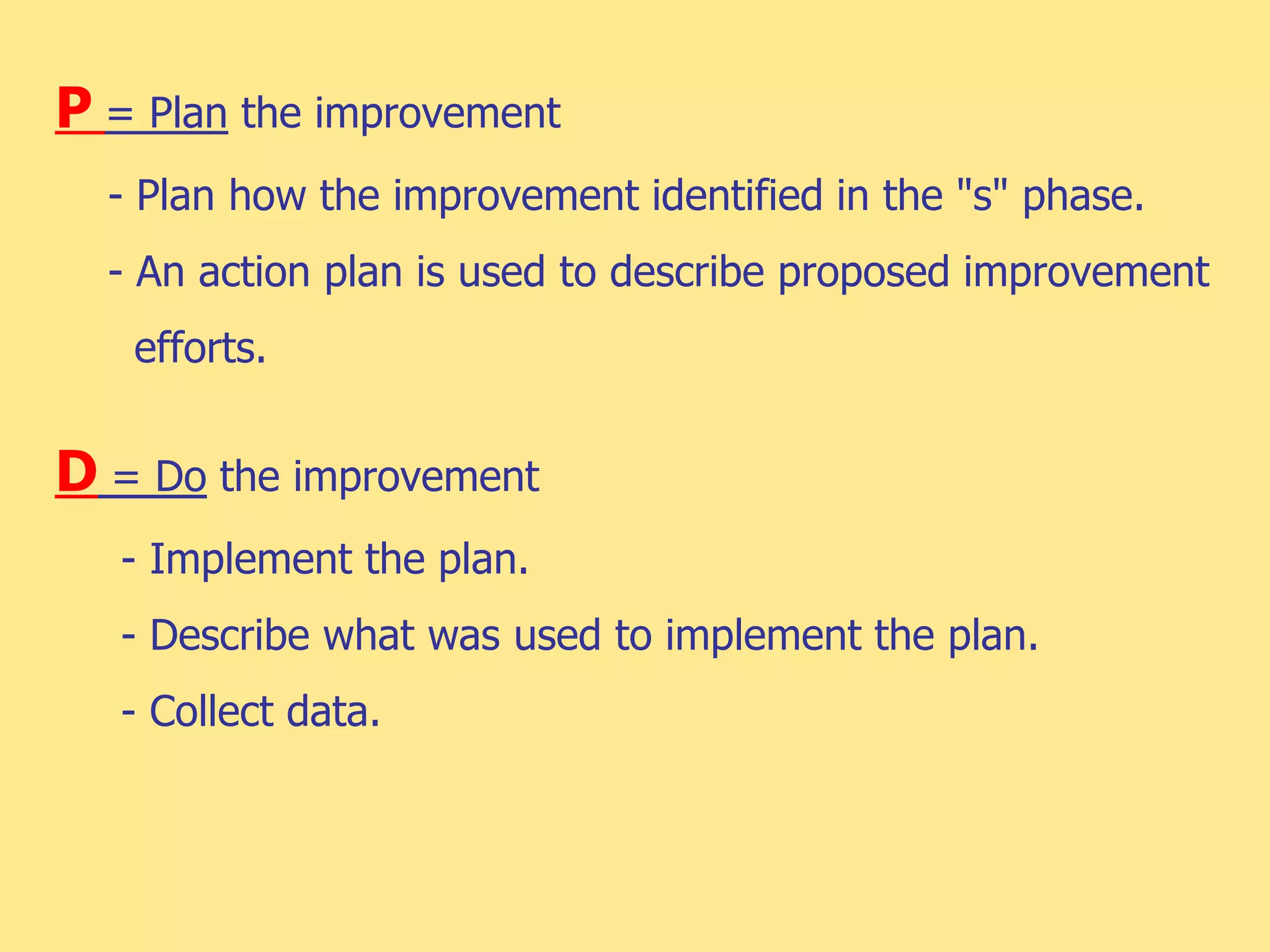 P = Plan the improvement
- Plan how the improvement identified in the "s" phase.
- An action plan is used to describe proposed improvement
efforts.
D = Do the improvement
- Implement the plan.
- Describe what was used to implement the plan.
- Collect data.
 
