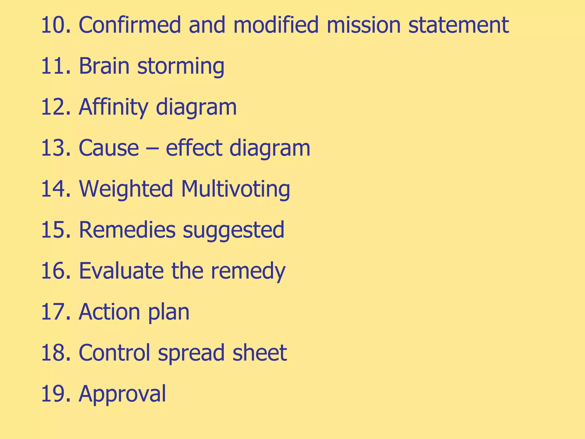 10. Confirmed and modified mission statement
11. Brain storming
12. Affinity diagram
13. Cause – effect diagram
14. Weighted Multivoting
15. Remedies suggested
16. Evaluate the remedy
17. Action plan
18. Control spread sheet
19. Approval
 