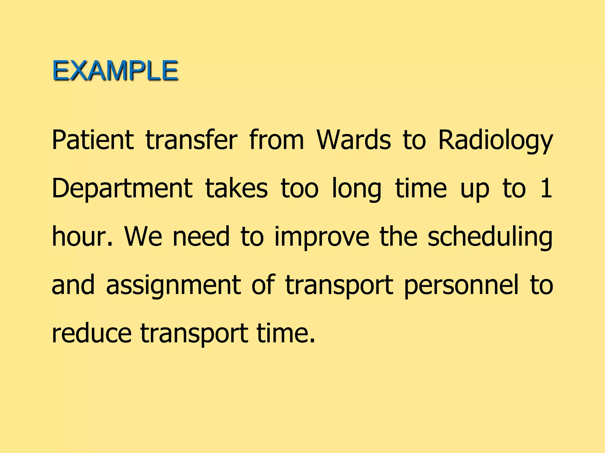 Patient transfer from Wards to Radiology
Department takes too long time up to 1
hour. We need to improve the scheduling
and assignment of transport personnel to
reduce transport time.
EXAMPLE
 