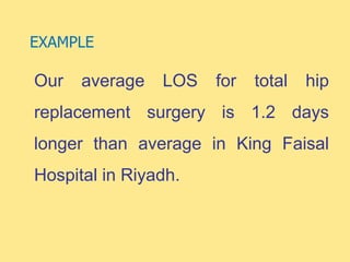 EXAMPLE
Our average LOS for total hip
replacement surgery is 1.2 days
longer than average in King Faisal
Hospital in Riyadh.
 