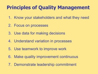 Principles of Quality Management
1. Know your stakeholders and what they need
2. Focus on processes
3. Use data for making decisions
4. Understand variation in processes
5. Use teamwork to improve work
6. Make quality improvement continuous
7. Demonstrate leadership commitment
 