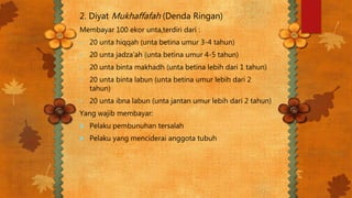 2. Diyat Mukhaffafah (Denda Ringan)
Membayar 100 ekor unta,terdiri dari :
 20 unta hiqqah (unta betina umur 3-4 tahun)
 20 unta jadza’ah (unta betina umur 4-5 tahun)
 20 unta binta makhadh (unta betina lebih dari 1 tahun)
 20 unta binta labun (unta betina umur lebih dari 2
tahun)
 20 unta ibna labun (unta jantan umur lebih dari 2 tahun)
Yang wajib membayar:
 Pelaku pembunuhan tersalah
 Pelaku yang menciderai anggota tubuh
 