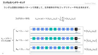 QuantumTokyo
𝐹𝑠𝑒𝑞 m, |𝜓⟩ = Tr 𝐸 𝜓 𝑆 𝐾 𝑚(𝜌 𝜓) =
1
𝐾 𝑚
𝒊 𝒎
Tr 𝐸 𝜓 𝑆𝒊 𝑚
(𝜌 𝜓)
71
ランダム回路を多数のパターンで用意して、生存確率の平均(フィデリティー平均)を求めます。
ランダム化ベンチマーキング
フィデリティー平均
𝒊 𝒎 = {𝑖1, … , 𝑖 𝑚}
𝒋 𝒎 = {j1, … , 𝑗 𝑚}
𝒌 𝒎 = {𝑘1, … , 𝑘 𝑚}
𝐾 𝑚 = 3パターン
のランダム回路
Tr 𝐸 𝜓 𝑆𝒊 𝑚
(𝜌 𝜓)
Tr 𝐸 𝜓 𝑆𝒋 𝑚
(𝜌 𝜓)
Tr 𝐸 𝜓 𝑆 𝒌 𝑚(𝜌 𝜓)
 
