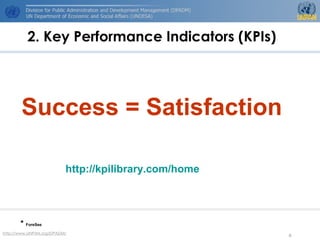 http://www.UNPAN.org/DPADM/
6
2. Key Performance Indicators (KPIs)
* ForeSee
Success = Satisfaction
http://kpilibrary.com/home
 