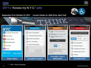 2011’s “Access my N.Y.C.” pilot

September 23 to October 23, 2011          Lincoln Center on Jaffe Drive, New York




                                                              Accessible Transit /
     Home / Menu                    Accessible Transport         Walk Routes         Accessible POIs*


      *   POI = Point of Interest
10                                                                                       © 2012 IBM Corporation
 