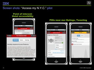 Screen shots: “Access my N.Y.C.” pilot
        Point of interest:
       Hotel accessibility
                                   POIs near me: Ratings, Tweeting




13                                                          © 2012 IBM Corporation
 