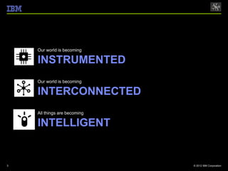 Our world is becoming

    INSTRUMENTED
    Our world is becoming

    INTERCONNECTED
    All things are becoming

    INTELLIGENT


3                             © 2012 IBM Corporation
 